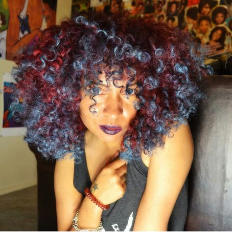 Dark Red And Blue Hair, Red Dye Curly Hair, Red And Blue Hair Ombre, Red Blue Hair, Red And Blue Hair Ideas, Red And Blue Hair, Blue Curly Hair, Blue And Red Hair, Midnight Blue Hair