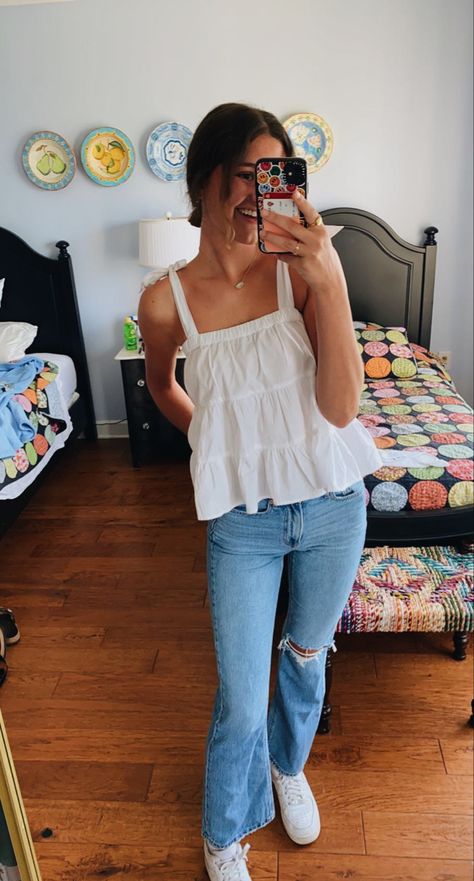 cute flare jean outfit with white tie tank top Cute White Tops With Jeans, Tank Top With Jeans, Summer Outfits Tank Tops, Lacy Tank Top Outfits, Jeans And Cute Top Outfit, Cute Summer Tank Tops, Tank Top And Jeans, Flowy Tank Top Outfit, Jeans And Tank Top Outfit