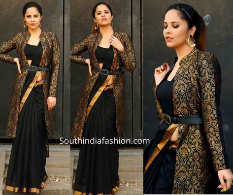 Saree Styles With Jacket, Saree With A Jacket, Shrug On Saree, Winter Blouses For Saree, Saree With Jacket Style, Sari With Jacket, Saree With Long Jacket, Saree With Shrug, Saree With Jacket