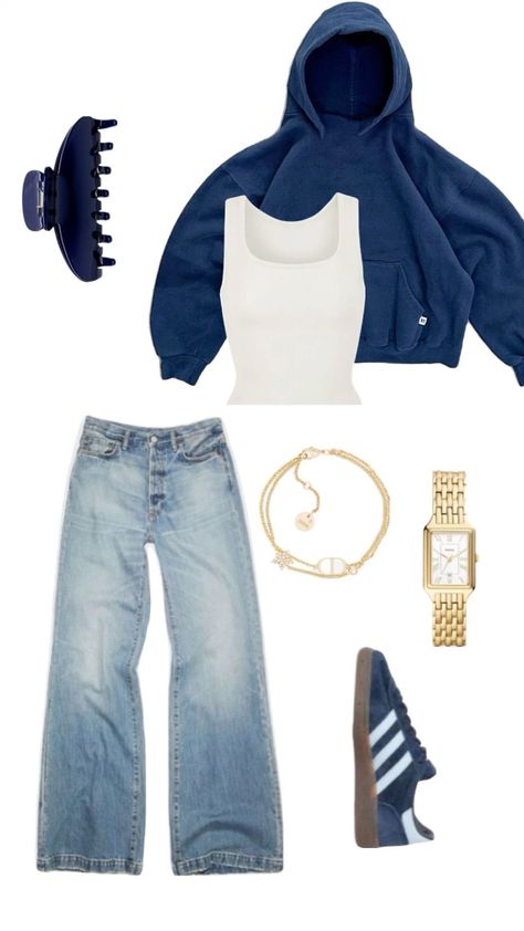 Casual Outfits With Hoodies, Cute Outfits Blue Jeans, Blue Knit Top Outfit, Outfits With Gold Jewelry Casual, Hoodies With Jeans Outfits, Outfits With Blue Hoodie, Jeans And Hoodie Outfit Women, Cozy Baggy Outfits, Hoodie And Jeans Outfit Aesthetic