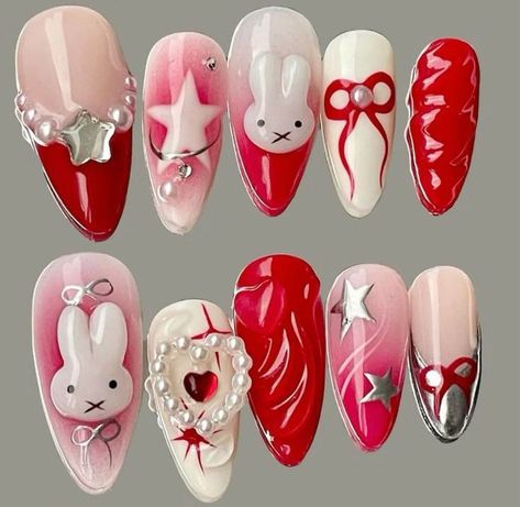 Maximalist Valentines Nails, Red Nails Cute Design, Japanese Valentines Nails, Valentines Day Nails Korean, Kawaii Valentines Nails, Valentines Nails Korean, Alt Valentines Nails, Korean Valentines Nails, Tet Nails