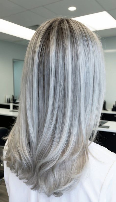 Looking for silver balayage hair ideas? Discover these ideas featuring soft silver tones, shimmering ash balayage, and subtle gray accents. Perfect for medium-length or straight hair, these styles offer a timeless and graceful touch. Silver Balayage Hair, Silver Balayage, Ash Balayage, Ash Blonde Ombre, Balayage Hair Ideas, Gray Balayage, Silver Ash, Balayage Technique, Silver Highlights