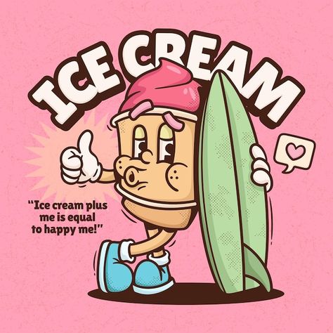 Ice Cream Vector Illustration, Ice Cream Character Design, Ice Cream Character, Ice Cream Cartoon, Ice Cream Illustration, Drawing Tutorials For Beginners, Retro Cartoon, Retro Cartoons, Vector Hand