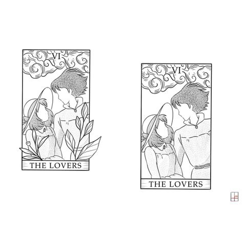 The Love Tarot Card, The Lovers Howls Moving Castle, Love Tarot Card Tattoo, Tarot Card Lovers Tattoo, The Lovers Tarot Card Painting, Studio Ghibli Tarot Card Tattoo, Studio Ghibli Tarot Cards, Howls Moving Castle Tarot, Anime Tarot Card Tattoo