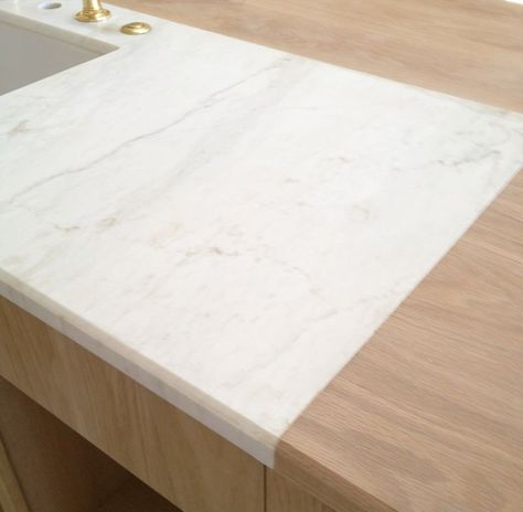 Marble and butcher block combo. Marvel beveled to lay flush and match edging of butcher block. Island Sink, Patina Farm, Kitchen Island With Sink, Sink In Island, Wood Island, Kitchen Countertop Materials, Joinery Details, Marble Sinks, Calacatta Marble