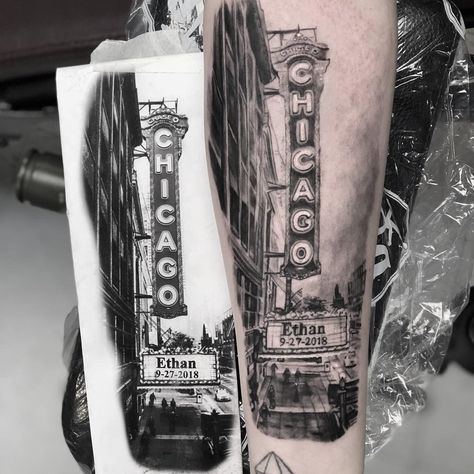 Chicago tattoo black and gray 773 Chicago Tattoo, Chicago Forearm Tattoo, Chicago Theme Tattoo, Chicago Themed Tattoos, Chicago Inspired Tattoos, Chicago Tattoo Ideas Men, Chicago Bean Tattoo, Maffia Tattoo, Chicago Tattoo Ideas