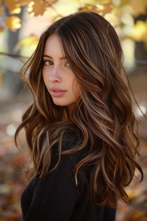 Discover 20 stunning ideas for fall highlights on brown hair, from subtle balayage to bold face-framing pieces. Highlights On Brown Hair, Fall Highlights, Sombre Hair, Auburn Balayage, Shoulder Length Curly Hair, Wavy Haircuts, Changing Leaves, Hair 2024, Homecoming Hair