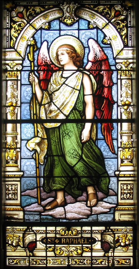 The Angel Raphael window at St. Vincent de Paul in Albany, NY Stained Glass Windows Church, Cemetery Angels, St Raphael, Stained Glass Church, Archangel Raphael, I Believe In Angels, زجاج ملون, Stained Glass Angel, Art Stained