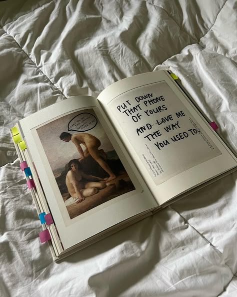 The book “Film For Her” by Orion Carloto is open on a white sheet on a bed. This page has pictures of art and a handwritten  note that reads, “Put down that phone of yours and love me like you used to.” Film For Her Book Aesthetic, Polaroid Book Cover, Poetry Book Cover Ideas, Film For Her Book, Poetry Collection Design, Orion Carloto Poetry, Poetry Book Aesthetic, Photo Book Aesthetic, Poetry Books Cover