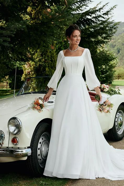 Sleeve A Line Wedding Dress, Ronald Joyce, Wedding Dress White, Square Neck Long Sleeve, Pretty Wedding Dresses, Dream Wedding Ideas Dresses, A Line Wedding Dress, Sleeve Wedding Dress, Long Sleeve Wedding