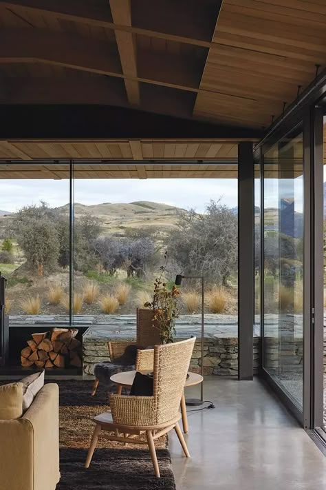 Fearon Hay's Matagouri House Fuses with the Craggy Terrain of New Zealand's South Island | Architectural Record Room Lamps Ceiling, Living Room Lamps Ceiling, Fireplace Rug, New Zealand Home, Floor Concrete, Masonry Blocks, Living Room Lamps, Australia House, Lake Wakatipu