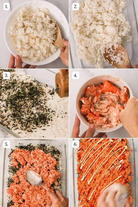 This delicious and easy Salmon Sushi Bake recipe features seasoned rice, salmon, cream cheese, spicy mayo, veggies, nori, and various toppings—a great way to enjoy all the flavors of traditional sushi rolls in an easy casserole. Sushi Bake Recipe Easy, Salmon Sushi Bake Recipe, Salmon Sushi Recipes, Salmon Sushi Bake, Sushi Bake Recipe, Spicy Salmon Sushi, Traditional Sushi, Rice Salmon, Sushi Rice Recipes