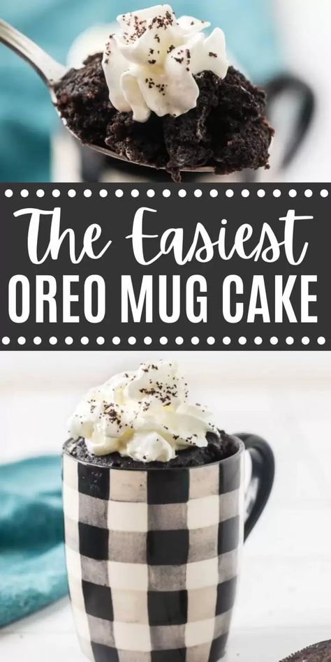 Oreo mug cake - Easy oreo mug cake recipe with 2 ingredients Oreo Mug Cake Microwave, Easy Oreo Mug Cake, Oreo Mug Cake Recipe, Cake For One Recipe, Oreo Mug Cake, Oreo Mug, Oreo Dessert Easy, Chocolate Chip Mug Cake, Homemade Whipped Cream Recipe