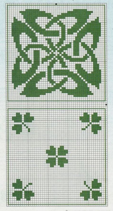 Shamrock Knitting Chart, Shamrock Pixel Art, Clover Cross Stitch Pattern, Irish Cross Stitch Patterns, Celtic Clover, Irish Pattern, Biscornu Cross Stitch, Celtic Cross Stitch, Cross Stitch Stocking