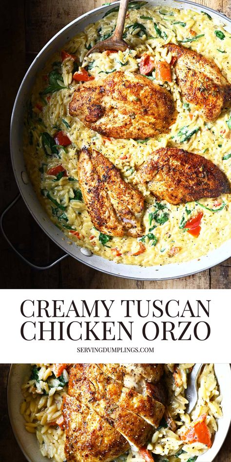 Creamy Tuscan Chicken Orzo Tuscan Dinner Recipes, Tuscan Chicken One Pot Orzo, Tuscan Chicken Orzo Recipes, Tuscan Chicken Risotto, Orzo Baked Chicken, Chicken With Risotto Dinners, The Novice Chef Recipes, Tuscan Chicken With Orzo, Home Chef Meals