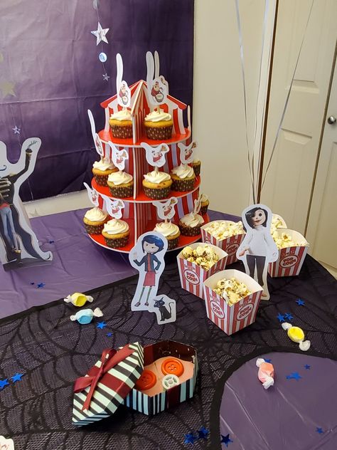 Coraline Party Food Ideas, Coraline Themed Sweet 16, Coraline Centerpieces, Coraline Inspired Snacks, Coraline Party Favors, Coraline Bday Party Ideas, Coralline Birthday Party Ideas, Coraline Themed Snacks, Coraline Birthday Ideas