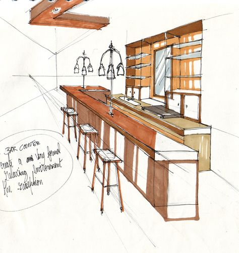 Quick sketch of a bar counter. Bar Sketch, Bar Drawing, Big Houses Interior, Home Bar Design, Interior Design Sketches, Architecture Design Sketch, Architecture Design Drawing, Architecture Concept Drawings, Interior Sketch