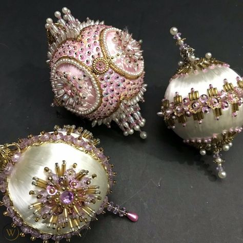 Satin Balls, Christmas Ball Ornaments Diy, Fancy Christmas Ornaments, Sequin Ornaments, Victorian Christmas Ornaments, Pink Victorian, White Victorian, Jeweled Christmas, Pink Ornament