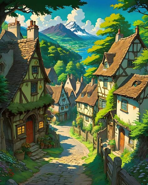 Fantasy Tavern, Village Drawing, Fantasy Village, Beautiful Landscape Paintings, Fantasy House, Fantasy City, Fantasy Places, Victorian Art, Fantasy Concept Art