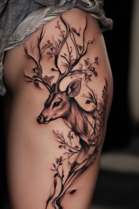 Detailed tattoo of a deer with branches as antlers on a person's thigh. Elk Tattoos, Deer Tattoos For Women, Hirsch Tattoo Frau, Deer Antler Tattoos, Antler Tattoos, Elk Tattoo, Doe Tattoo, Deer Tattoo Designs, Symmetrical Tattoo