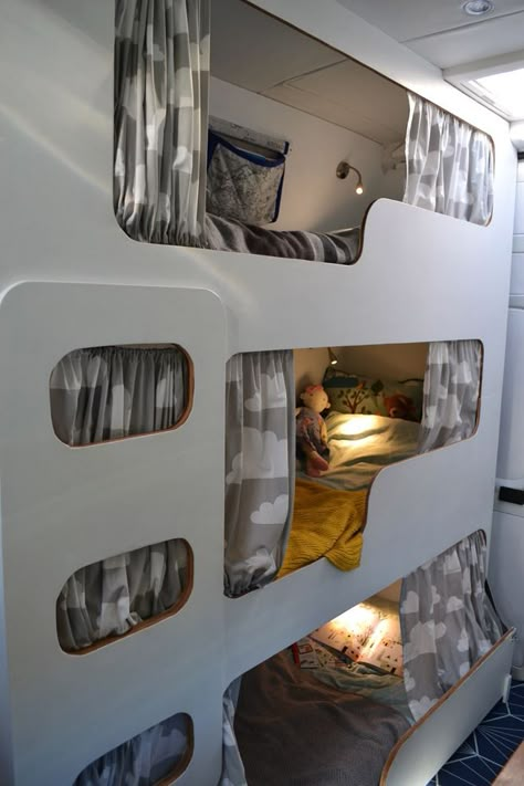 Room With Bunk Beds, Triple Bunk Bed, Campervan Hire, Bus Living, Triple Bunk, Kombi Home, Caravan Renovation, Van Conversion Interior, Triple Room