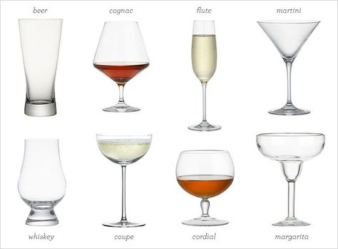 Ever wonder the difference between Cocktail Glasses?? | Rue Glassware For Cocktails, Cocktail Etiquette, Cocktail Garnish, Cocktail Glassware, Bar Glasses, Party Food And Drinks, Wine Cocktails, Cocktail Parties, Cocktail Glasses