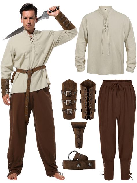 PRICES MAY VARY. Complete Mens Renaissance Costume: 1 cotton retro style long sleeve shirt for medieval, 1 pair of renaissance gothic pants, 1 medieval knight's belt,1 pair of leather buckle wrist guards and 1 leather scabbard Effortless Fit and Style:The pair of men's ankle banded pants creates the ideal halloween costumes men, with an elasticated drawstring waist for a nice fit and adjustable lace up ankles for easy sizing Authentic Renaissance Design:Our renaissance costumes men are made of 1 Medieval Outfits Men, Modern Medieval Fashion, Solar Humans, Medieval Mens Clothing, Mens Viking Costume, Halloween Costumes Men, Arrow Holder, Leather Scabbard, Medieval Outfit