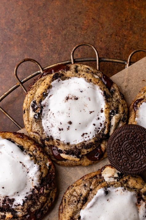 Oreo Smore's Cookies — SWEET MELI BAKERY Oreo Smores Cookies, White Chocolate Smores, Oreo Marshmallow Cookies, Cool Cookies, Oreo Stuffed Cookies, S’mores Chocolate Chip Cookies, S’mores Cookies Recipe Easy, Chocolate Smores Cookies, Chocolate S’more Cookies