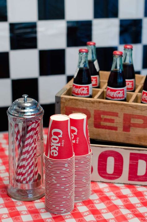 Coca Cola station at a  50's diner retro birthday party! See more party ideas at CatchMyParty.com! Soda Shop Party, Coca Cola Party, Retro Birthday Party, Grease Party, 50s Theme Parties, Retro Birthday Parties, Sock Hop Party, Decade Party, Diner Ideas