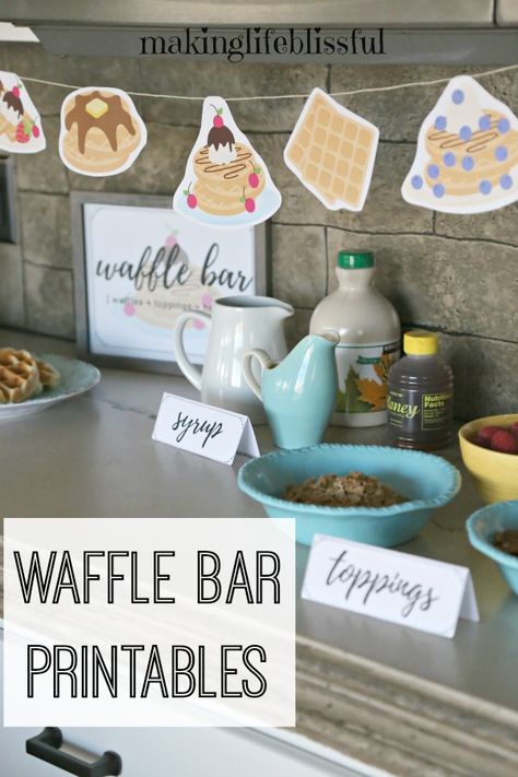 waffle bar printables | Making Life Blissful Waffle Bar Sign, Waffle Brunch, Waffle Party, Girls Pajamas Party, Bar Printables, Brunch Sign, Pancakes And Pajamas, Waffle Bar, Homemade Waffles