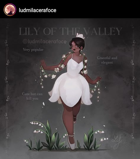 Lily Of The Valley Inspired Outfit, Flower Dress Fantasy Art, Lily Of The Valley Character, Lily Of The Valley Outfit, Nature Outfits Drawing, Flower Outfit Drawing, Flowers As Humans, Flower People Drawing, Fae Outfit Aesthetic