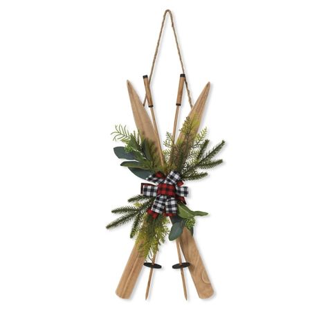 Winter Greenery Ski Wall Plaque from Kirkland's Ski Decorations Christmas, Ski Decorations, Ski Wall Decor, Winter Porch Decorations, Wood Window Frame, Christmas Picture Frames, Christmas Sled, Ski Decor, Wood Slice Ornaments