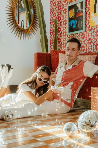 Unconventional Engagement Photos, Retro Disco Aesthetic, Aesthetic Engagement Photos, Retro Engagement Photos, Themed Engagement Photos, Aesthetic Engagement, Las Vegas Wedding Photos, Disco Aesthetic, Styled Engagement Shoot