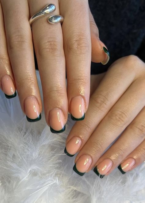 French Tip Nails Forest Green, Forest Green Nails French Tip, Olive Green French Tip Nails Square, Nails Coloured Tips, Dark Green French Tips Square, Short Square Green French Tip, Dark Teal Nails French Tip, Colour French Tips Nails, Dark Green French Tip Nails