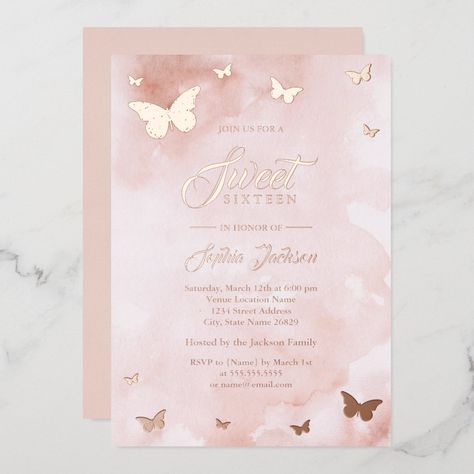 Pink Butterfly Sweet 16, Butterfly Quinceanera Theme, Quinceñera Invitations, Butterfly Sweet 16, Rose Gold Quinceanera, Sweet 16 Party Invitations, Quinceanera Pink, Pink Sweet 16, Pink Quince