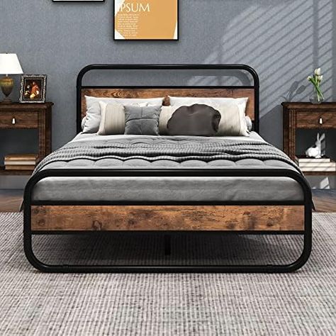 Diahomy Double Bed Metal Platform Bed Frame with Wood Headboard/Mattress Base/Metal Slat Support/Black and Brown Modern King Bed Frame, Black Queen Bed Frame, Cama Industrial, Queen Platform Bed Frame, Twin Size Bed Frame, Steel Bed, King Platform Bed, Wooden Headboard, King Size Bed Frame