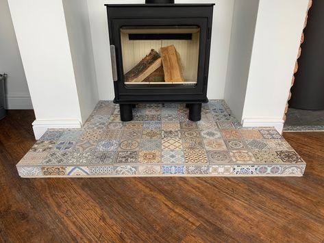 Paint Fireplace Tile, Tiled Hearth, Fireplace Hearth Decor, Tile Around Fireplace, Fireplace Hearth Tiles, Fireplace Floor, Fireplace Showroom, Hearth Fireplace, Hearth Decor