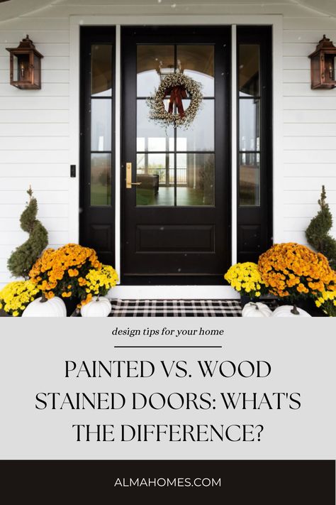 Let’s talk curb appeal! If you’re purchasing or revamping your front door, you’ve probably already asked yourself, “should I go painted or stained?” It’s a common question that requires a little bit of research on your end. Before you go too far down the rabbit hole, we’ve got a quick and easy guide to painted vs. stained wood doors. Black Wood Stain Front Door, Black Stain Front Door, Black Stained Front Door, Wood Stained Doors, Dark Wood Front Door, Stained Wood Doors, Stained Front Door, Alma Homes, Painted Exterior Doors