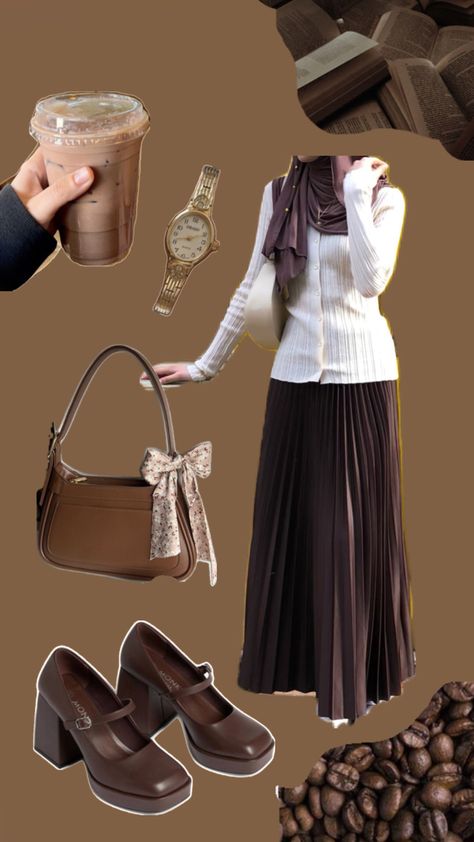 #brown #brownoutfit #outfitinspo #beige #collage #myfirstshuffle #hijabioutfitinspo Yellow And Brown Outfits, Beige And Brown Outfit Ideas, Brown And Yellow Outfit, Long Brown Skirt Outfit, Beige Hijab Outfit, Beige Collage, Islamic Aesthetics, Hijab Fits, Muslimah Fashion Casual