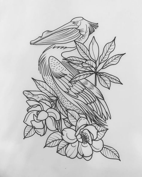 Louisiana Theme Tattoo, Pelican Tattoo Design, Vintage Florida Tattoo, Parrot Fish Tattoo, Florida Panther Tattoo, Pelican Tattoo For Women, Pelican Drawing, Pelican Tattoo, Gardenia Tattoo