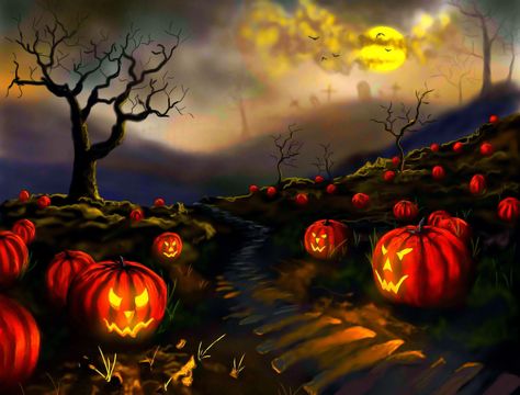 Pumpkin Patch #halloween #pumkins #patch #moon #night #full-moon #path #cemetery #trees #spooky #fantasy #shadows #1080P #wallpaper #hdwallpaper #desktop Halloween Ringtones, Halloween Legends, Halloween History, Uhyggelig Halloween, Halloween Wallpaper Backgrounds, Labu Halloween, Wallpaper Halloween, Halloween Images, Art Halloween