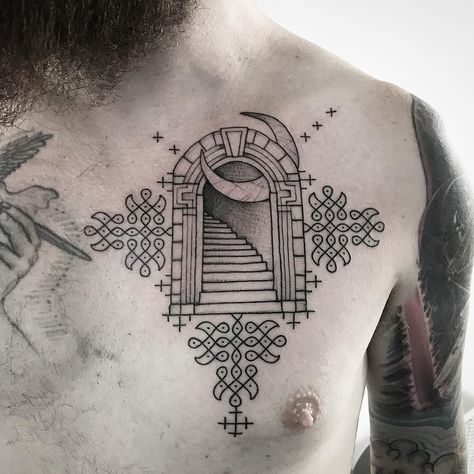 Stairway Tattoo, Portal Tattoo, 3d Stairs, Stairway To Heaven Tattoo, Fawn Tattoo, Chris Tattoo, Scenery Tattoo, Thigh Tat, Heaven Tattoos