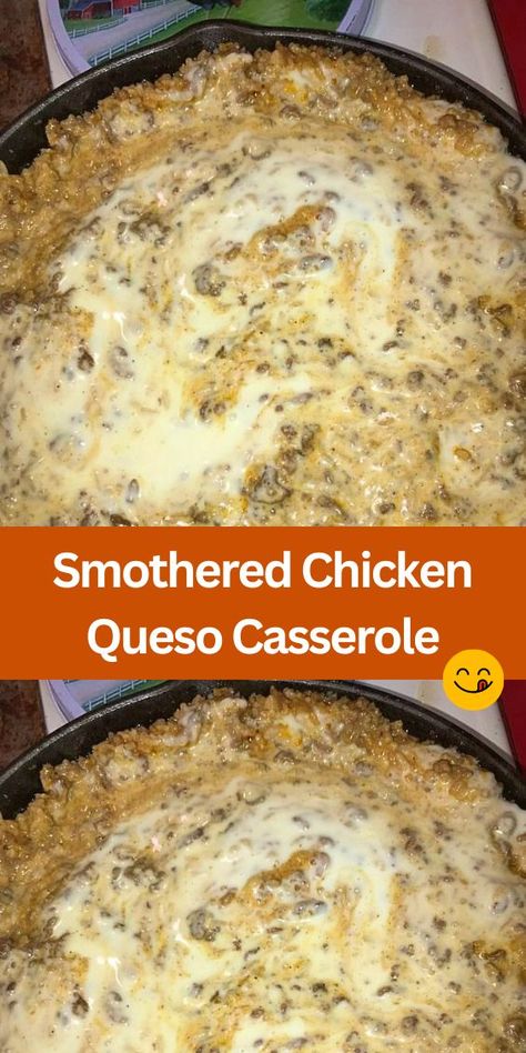 Get ready to elevate your dinner game with our mouthwatering Smothered Chicken Queso Casserole! Packed with bold flavors like chipotle marinade, cheesy queso, and tender chicken, this easy-to-make dish is perfect for busy weeknights or special occasions. Try it tonight and impress your family with this delicious twist on a classic favorite! Queso Casserole, Chipotle Marinade, Chicken Queso, Fried Bologna, Comfort Dinner, Apple Fritter Bread, Smothered Chicken, Fried Cabbage, Tender Chicken