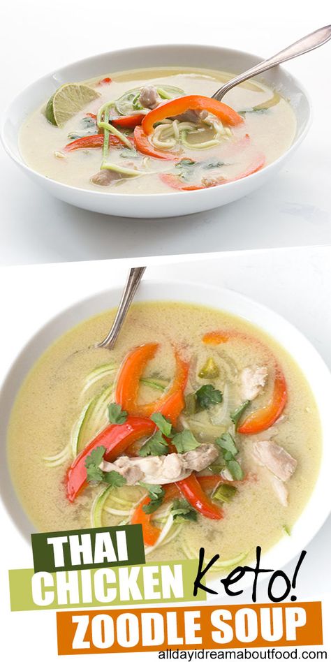 You want comfort? You've got comfort! This Easy Thai Chicken Soup with Zucchini Noodles is a delicious keto comfort food recipe and it only takes 30 minutes, start to finish. It's dairy-free and paleo friendly too, and will warm you all the way down to your toes. Great Thai flavor, and full of spice and healthy fats. #thaifood #chickensoup #zoodles #zucchininoodles #paleo #easyketo Keto Thai Chicken, Soup With Zucchini, Easy Thai Chicken, Keto Comfort Food, Keto Savory, Thai Chicken Soup, Chicken Zoodle Soup, Keto Soups, Pho Soup