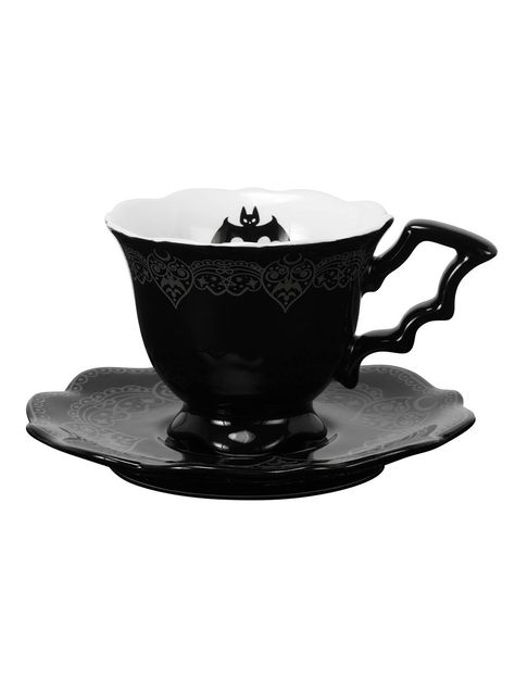 Nouveau produit : Black and white bat Tea Cup and Saucer KILLSTAR gothic nugothy Vous aimez ? / New product do you like ?  Prix: 22.90  #new #nouveau #japanattitude #vaisselle #et #cuisine #cup #tea #coffee #signs #patterns #sabbath #black #and #white #wing #bat #shiny #astrology #nugoth #witchy #gothic #killstar #teacup # #saucer #after #midnight #blackandwhite #teacupsaucer Halloween Lifestyle, Gothic Items, Elder Goth, Gothic Summer, Victorian Vibes, Gothic Kitchen, Spooky Kitchen, Dark Home Decor, Goth Home