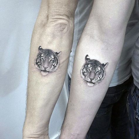 Couples Tattoos Realistic 3d Tiger On Outer Forearms Tiger Couple Tattoo, Couple Tattoos Love, Tiger Tattoos, 3d Tiger, Best Couple Tattoos, Couples Tattoos, Couple Tattoos Unique, Tiger Tattoo Design, Couples Tattoo Designs