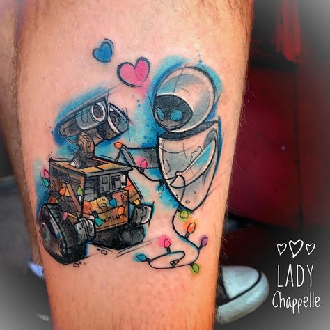 Walle and Eve 💙💙 Disney Watercolour, Walle And Eve, Disney Watercolor Tattoo, Moana Tattoos, Disney Couple Tattoos, Eve Tattoo, Walle Y Eva, Eve Wall, Matching Tattoos For Couples