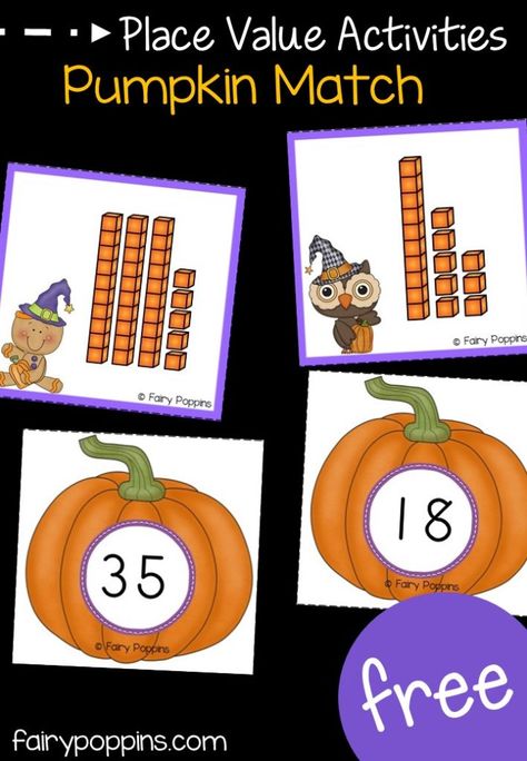 Free pumpkin place value activities for kindergarten and first grade. Great for Halloween and math centers ~ Fairy Poppins Halloween Math Centers, October Math, Pumpkin Math, Halloween Math Activities, Place Value Activities, Pumpkin Activities, Math Place Value, Fall Math, Activities For Kindergarten