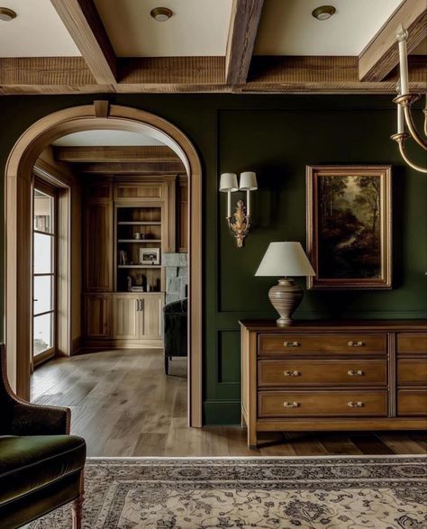 Indiana Jones Interior Design, Dark Green Trim Interior, Dark Green Doors Interior, Dark Green Entryway, Academia Aesthetic Home, St Albert The Great, Dark Green Trim, Green Entryway, Tropical Luxe