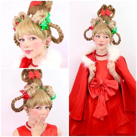 Cindy Lou Who Costume Diy Women, Whoville Costumes Women, Diy Cindy Lou Who Costume, Diy Elf Costume Women, Cindy Lou Who Makeup, Who From Whoville, Grinch Fancy Dress, Grinch Play, Cindy Lou Grinch